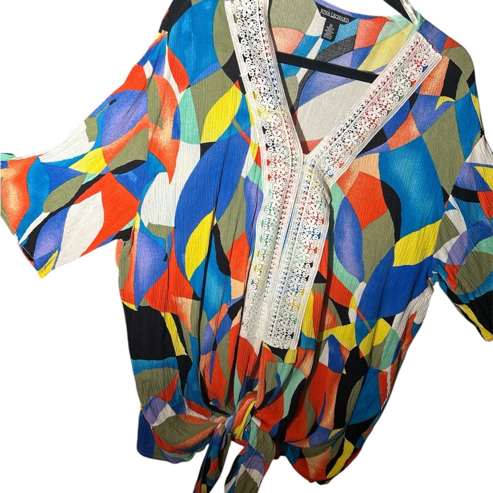 Nina Leonard Graphic Tie Front Blouse in Orange and Blue